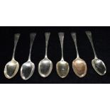 A COLLECTION OF SIX HALLMARKED SILVER DESSERT SPOONS To include three Victorian, weight 305grams,