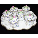 A HEREND PORCELAIN CABARET SET consisting of tray, 29cm x 24cm, and six cups and covers, all