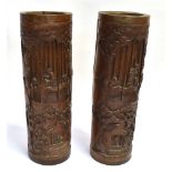 A LARGE PAIR OF CHINESE BAMBOO BRUSH POTS with metal bound rims and bases, and relief carved