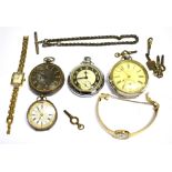 A COLLECTION OF SIX WATCHES Five watch keys and a metal chain and T bar, to include a KAYS LEVER