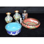 FIVE CLOISONNE ITEMS: a bowl decorated to the centre with a dragon and flaming pearl 14cm