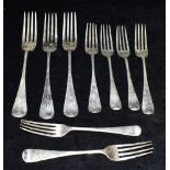 A COLLECTION OF NINE HALLMARKED SILVER FORKS To include six Victorian, weight 524grams, 16 Troy oz