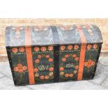 A LARGE SCANDINAVIAN METAL BOUND PAINTED PINE DOME TOP TRUNK with floral painted decoration