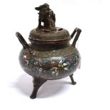 A CHINESE BRONZE KORO ON THREE PRONG FEET with band of cloisonne decoration, 15cm high Condition