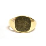 A 9CT GOLD SIGNET RING the ring with vacant bezel and worn 9.375 hallmark, ring size T, weight 7.