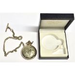 WOODFORD FULL HUNTER GOLFER CHROME/PEWTER QUARTZ POCKET WATCH and albert chain (boxed), the case