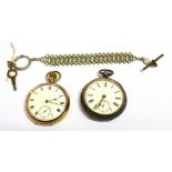 TWO OPEN FACED POCKET WATCHES together with a watch chain, a gold plated open faced pocket watch,