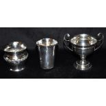 THREE ITEMS OF SILVER comprising a twin handed silver trophy on a pedestal base, hallmarked for