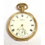 A GOLD PLATED CASE OPEN FACE POCKET WATCH the white enamel dial signed Waltham, with sub dial,