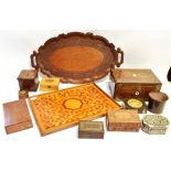 A COLLECTION OF BOXES AND TREEN including Victorian parquetry inlaid workbox with mother of pearl