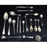 A COLLECTION OF SILVER AND EPNS comprising silver tongs, silver spoons to include a Georgian