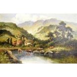 WILLIAM LANGLEY (fl. 1880-1920) Highland Landscape with Cattle in a Loch with Cottages Oil on canvas