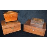 A REGENCY ROSEWOOD TEA CADDY of sarcophagus form, 19cm wide; together with three further Victorian