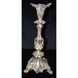 A TALL WEIGHTED SILVER PLATED CENTRE PIECE the single tower piece standing on three scrolled feet
