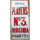 A PLAYER'S NO.3 VIRGINIA CIGARETTES ENAMEL SIGN with black and shaded red lettering against a