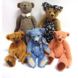 FIVE ASSORTED COLLECTOR'S TEDDY BEARS by Beth Knight; Almost South Pole Bears; Pywacket Teddies (2);