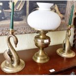 BRASS OIL LAMP AND PAIR OF SWAN CANDLESTICKS