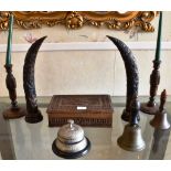 CARVED WOODEN BOX, PAIR OF CANDLESTICKS, THREE BELLS ETC.