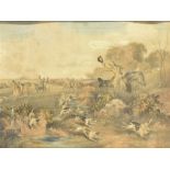 A SET OF SIX COLOUR HUNTING PRINTS in wide oak frames, five depicting hunting scenes and one of a