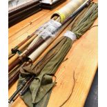 ASSORTED FLY FISHING RODS to include bamboo examples together with five canvas rod bags