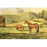 MOLLIE MAURICE LATHAM (1900-1987) two bay horses in a landscape, oil on canvas, signed dated 1940