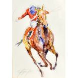 JACQUIE JONES (B. 1961) Race Horse and Jockey, All Out, watercolour over pencil, signed 35 x 24.5cm