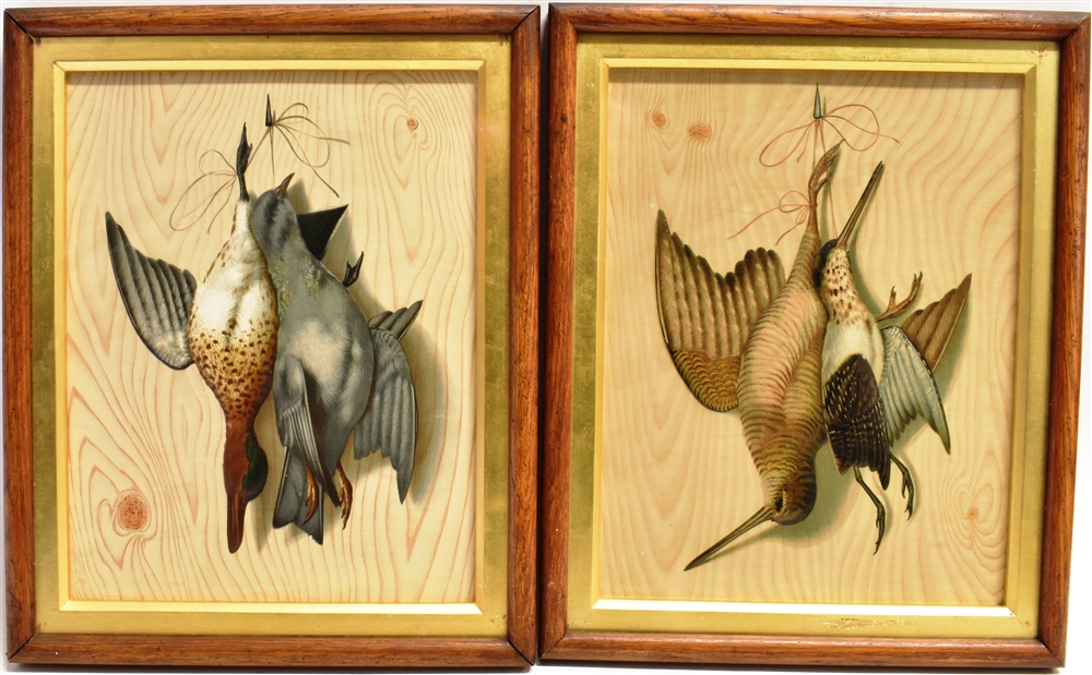 A PAIR OF PICTURES IN RELIEF still life of hanging dead game, 34.5 x 26.5cm (2)