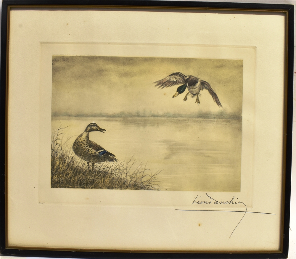 LEON DANCHIN (FRENCH, 1887-1939) a pair of Mallard at the Water's Edge, photolithograph, signed in - Image 2 of 3