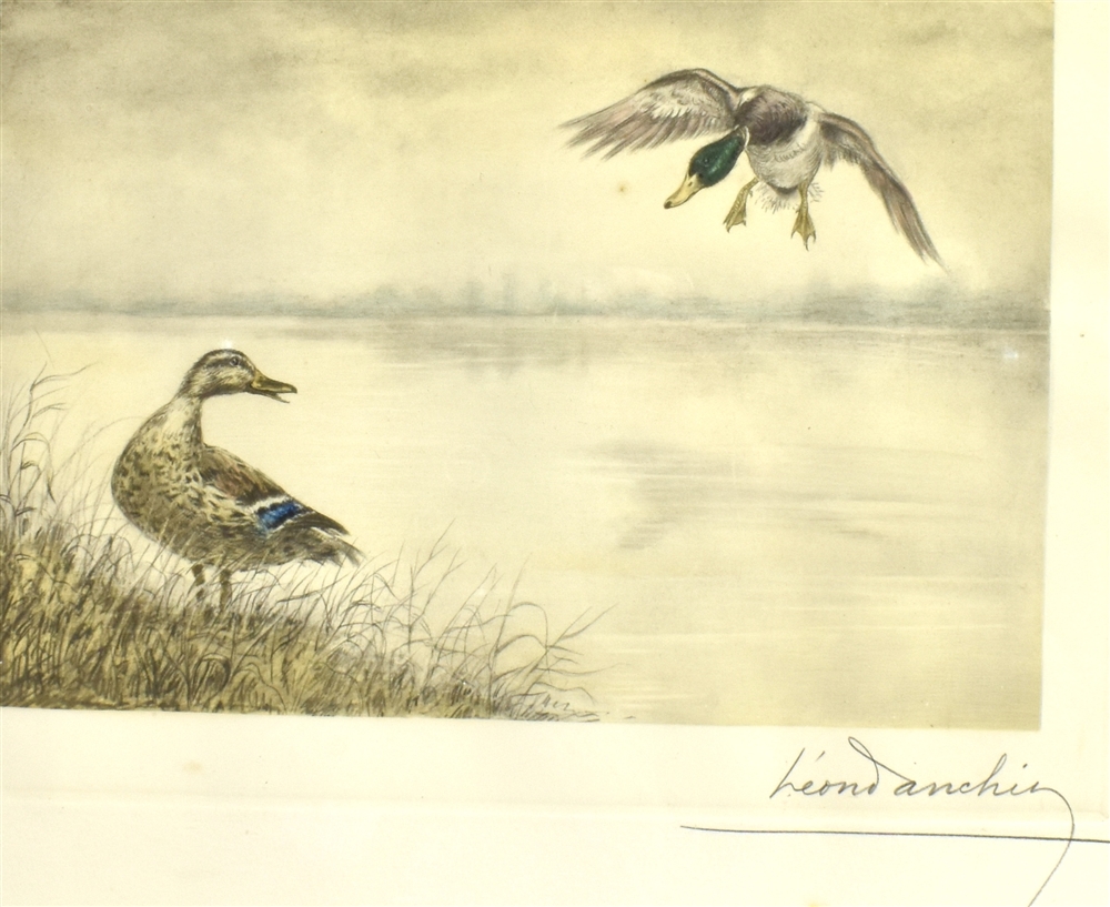 LEON DANCHIN (FRENCH, 1887-1939) a pair of Mallard at the Water's Edge, photolithograph, signed in