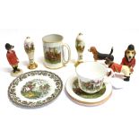 HUNTING THEME CERAMICS comprising a tankard, a cup and saucer, two tea plates and two novelty beer