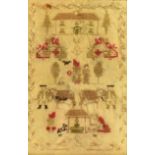 A 19TH CENTURY WOOLWORK SAMPLER incorporating a house flanked by trees, girls with baskets, cows and