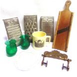 ASSORTED COLLECTABLES comprising a brass toilet roll holder; two late Victorian green glass tea