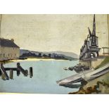 ELSPIE LANGDON-DOWN (20TH CENTURY) Estuary scene with buildings and cranes Oil on canvas Signed