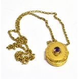 A 9CT GOLD, AMETHYST SET OVAL LOCKET AND CHAIN The locket with patterned front border set with a