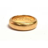 AN 18CT GOLD HEAVY GUAGE PLAIN WEDDING BAND D profile 6mm wide, inscription to inside shank for