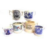 SIX CIDER & OTHER MUGS 19th century, including one with transfer printed holly decoration, 11cm
