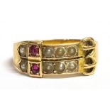 A 15CT GOLD RUBY AND SEED PEARL BELT AND BUCKLE RING Marked 15 625, faded Chester (?) marking,