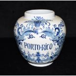 A DUTCH DELFT JAR inscribed 'PORTO RICO', underglaze blue monogram to base, 30cm high including