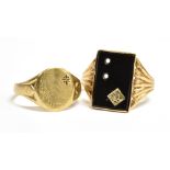 TWO 9CT GOLD DIAMOND SET SIGNET RINGS Ring sizes X ½ and U, both with warped shanks, total weight 8g