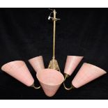 A MID CENTURY FIVE LIGHT CEILING LIGHT FITTING with pink glass shades, approx 49cm high 65cm