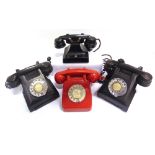 FOUR TELEPHONES comprising two 300 series black bakelite rotary-dial telephones (one lacking front