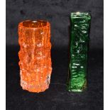 A WHITEFRIARS TEXTURED BARK GLASS VASE MODEL 9690 in tangerine, and another Art glass vase Condition