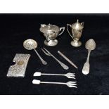 A COLLECTION OF SILVER and white metal to include two cruets, weighable silver approx. 170grams 5