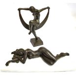 AN ART DECO STYLE FIGURE OF A DANCING NUDE LADY 25cm high, and another nude lying on a marble plinth