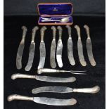 A CASED SILVER THREAD HANDLED FORK AND SPOON together with a collection of antique silver handled