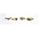 A COLLECTION OF FOUR STONE AND GEM SET DRESS RINGS three marked 9ct or 375, one with faded marks,