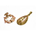 TWO 9CT GOLD PENDANT PIECES An open work pendant piece of tear drop shape set with two small