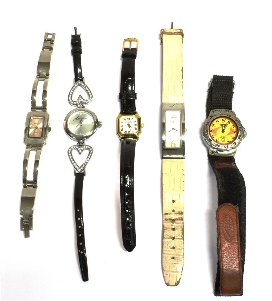 A COLLECTION OF FIVE FASHION WATCHES to include a ladies Rotary and Gucci