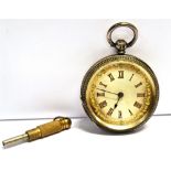 AN ORNATE SILVER CASED POCKET WATCH with key, case measurement 3.7cm, weight with attached key