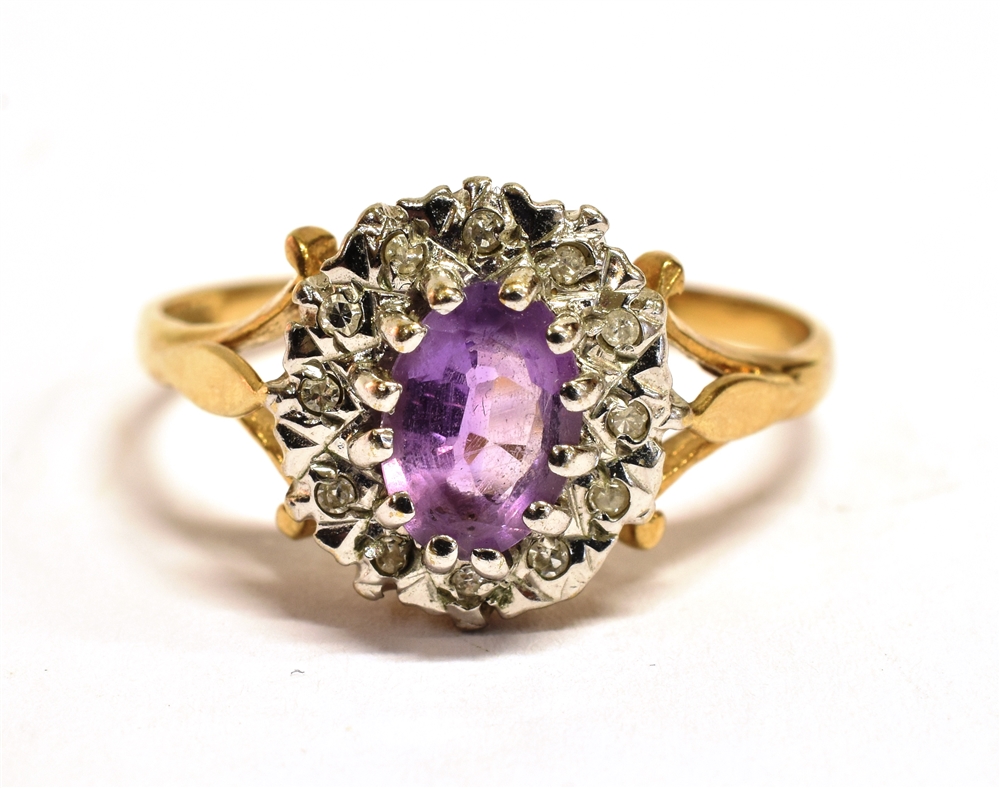 A PURPLE ALMANDINE AND WHITE SAPPHIRE CLUSTER RING cluster measurement 1 x 1cm, shank hallmarked,